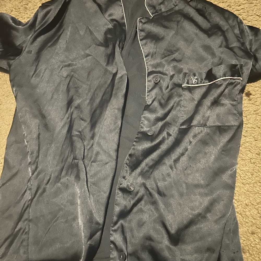 Victoria's Secret Black Satin Shirt with White Trim